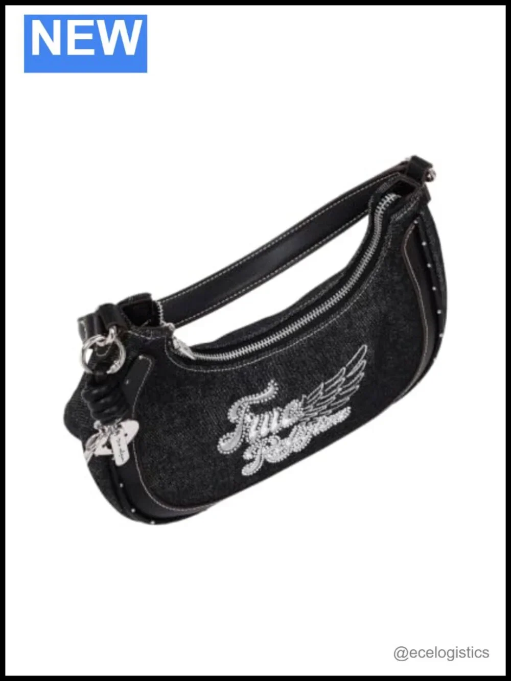 True Religion Denim Hobo Bag with Wing Logo, Red Faux Leather Trim, Silver Studs